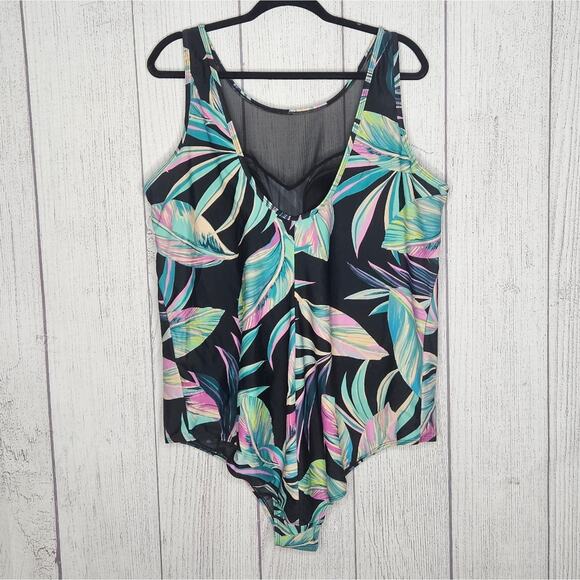 Torrid - Tropical Print & Black Sheer One Piece Swimsuit, sz 4 - Picture 2 of 5